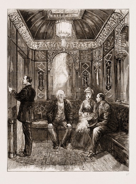 THE AMERICAN CENTENNIAL EXHIBITION: HOTEL LIFE AT PHILADELPHIA: THE ELEVATOR, US, U.S., U.S.A.,