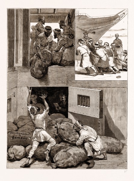 ON THE WAY TO INDIA, SOUTHAMPTON, UK, 1876: 1. Foreign Labour: Lascars Heaving the Chain Cable. 2.