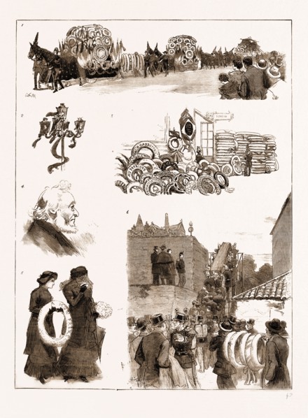 THE FUNERAL OF M. GAMBETTA AT NICE, FRANCE, 1883: 1. The Funeral Procession. 2. A Draped Lamp. 3.