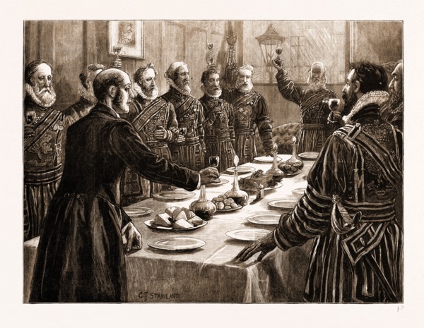 THE OPENING OF PARLIAMENT, UK, 1883: YEOMEN OF HER MAJESTY'S BODY-GUARD DRINKING THE QUEEN'S HEALTH