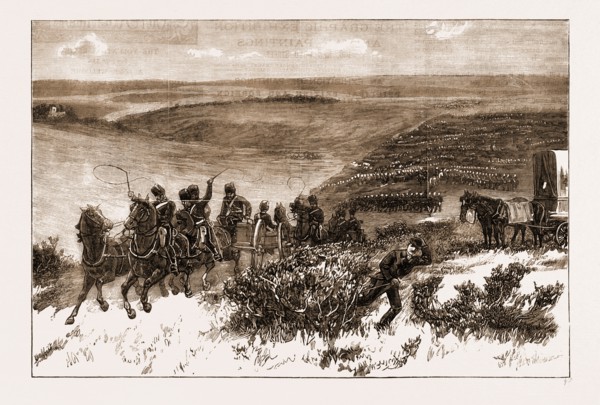 THE HONOURABLE ARTILLERY COMPANY GOING INTO ACTION ON THE DOWNS ON EASTER MONDAY, BRIGHTON, UK,
