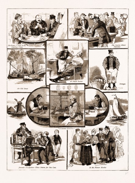 THE AMSTERDAM EXHIBITION, THE NETHERLANDS, HOLLAND, 1883; A DUTCH BARBER, AN OLD STREET; "DIAMOND