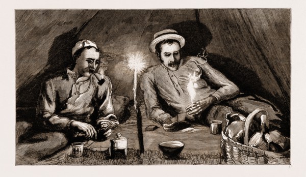 A TRIP IN A BIRCH BARK CANOE ON THE RIDEAU CANAL, CANADA: GAMBLING IN OUR FESTIVE CAMP, 1883