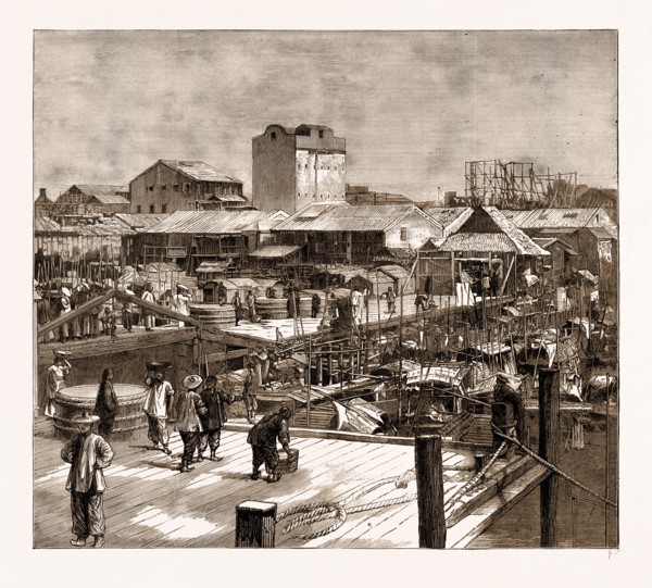 WHARF AT CANTON, WHERE THE RIOTING BEGAN, AND FROM WHICH A CHINESE PORTER FELL INTO THE WATER AND