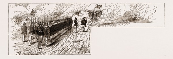 THE GERMAN AUTUMN MANOEUVRES, 1883: THE GRAND PARADE AT JANUS HUGEL, BATTALION OF INFANTRY TAKING