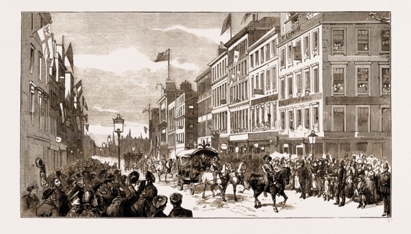 THE NEW MUNICIPAL BUIDLINGS AT GLASGOW, SCOTLAND, UK: TRADES' PROCESSION ENTERING ARGYLL STREET