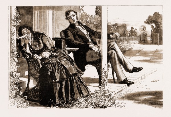 THIRLBY HALL, DRAWN BY WILLIAM SMALL, 1883; "Here they all come, back from church. Now do please,