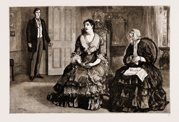 THIRLBY HALL, DRAWN BY WILLIAM SMALL, 1883; Paulina, arrayed in a brilliant blue silk dinner dress,