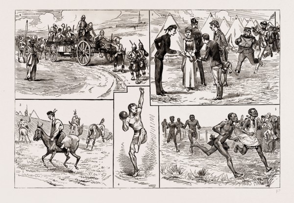 SPORTS AT FORT CURTIS, ETSHOWE, ZULULAND, 1886: 1. Arrival of a Waggon with Competitors from the