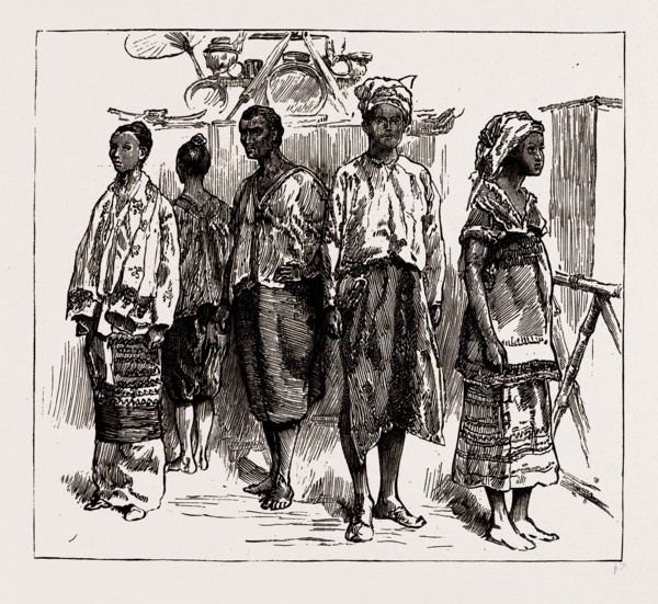 THE INDIAN SECTION OF THE COLONIAL AND INDIAN EXHIBITION: GROUP OF BURMANS, 1886