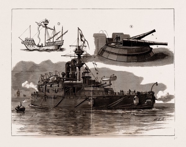 THE ACCIDENT ON BOARD H.M.S. "COLLINGWOOD", 1886: 1. General View of the Ship. 2. The Large Guns on