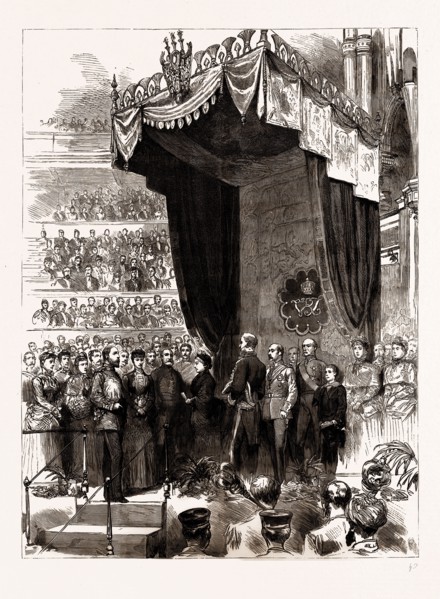 THE OPENING OF THE COLONIAL AND INDIAN EXHIBITION BY THE QUEEN: HER MAJESTY READING THE REPLY TO