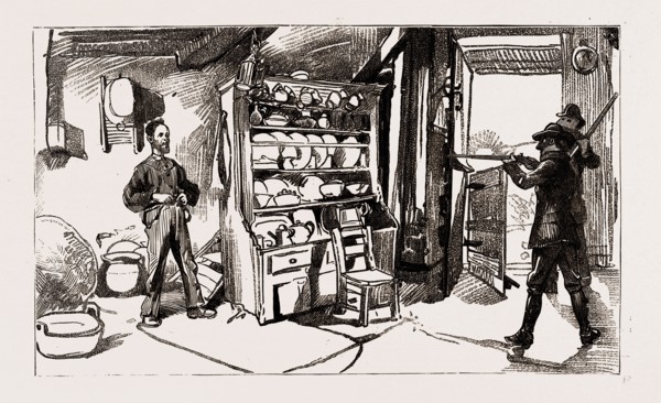 BOYCOTTING IN IRELAND: MOONLIGHTERS DEMANDING ARMS IN POPE'S CABIN, COUNTY KERRY, 1886