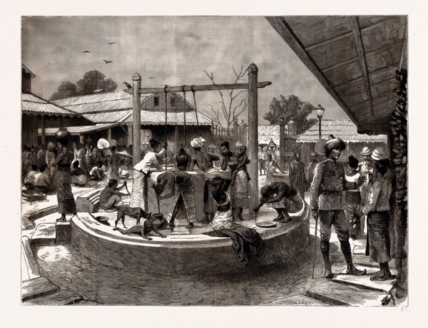 THE MANNERS AND CUSTOMS OF THE BURMANS: "A WASH AND BRUSH UP" IN THE MARKET PLACE, MANDALAY, 1886