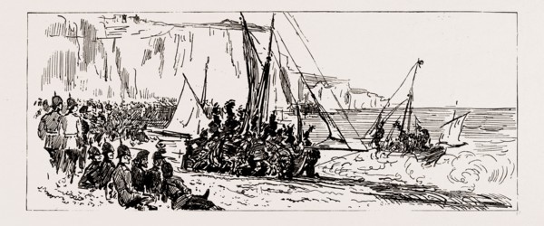 THE VOLUNTEER MANOEUVRES AT DOVER, UK, 1886: LAUNCHING FOR A SAIL