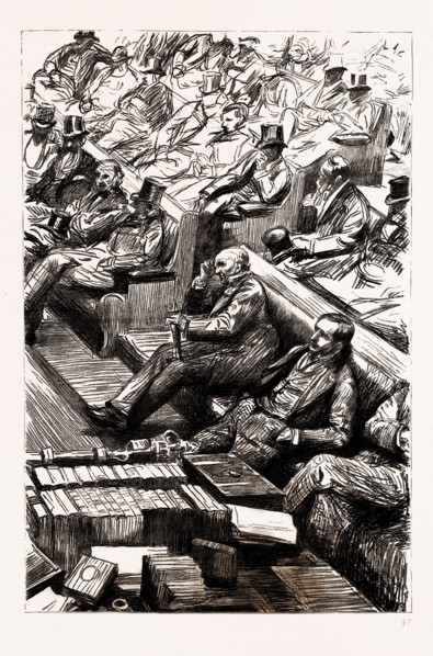 THE HOME RULE DEBATE IN THE HOUSE OF COMMONS, LONDON, UK, 1886: A BIRD'S-EYE VIEW OF THE HOUSE FROM