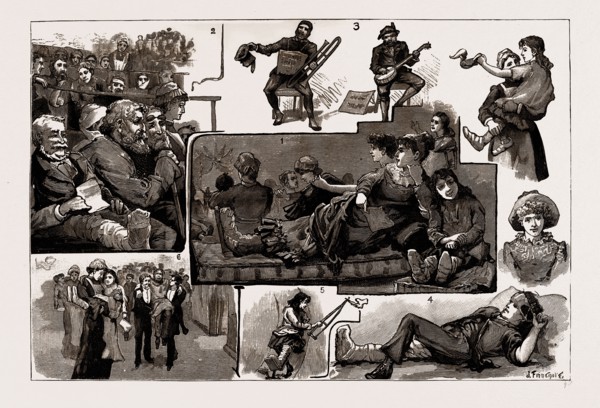 AN ENTERTAINMENT IN A LONDON HOSPITAL, UK, 1886: 1. Some Gallery Patients. 2. Never Too Late to
