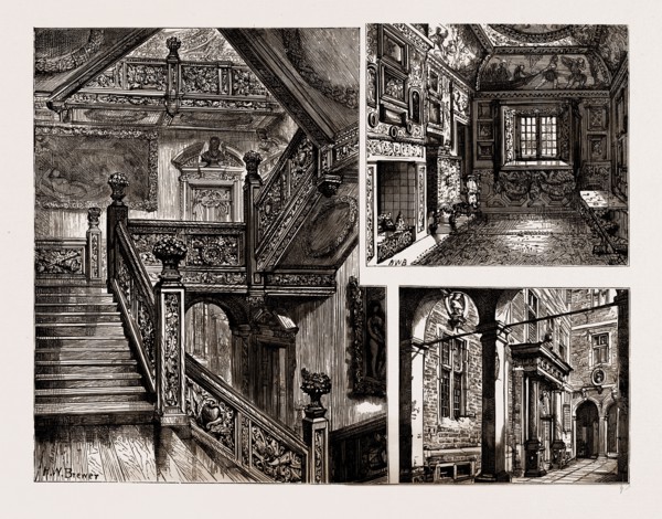 HAM HOUSE, NEAR RICHMOND, UK, 1886: GRAND STAIRCASE, THE BOUDOIR, PRINCIPAL ENTRANCE