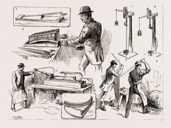 TESTING BAYONETS AND CAVALRY SWORDS AT THE ROYAL SMALL ARMS FACTORY, ENFIELD, LONDON, UK, 1886: 1.