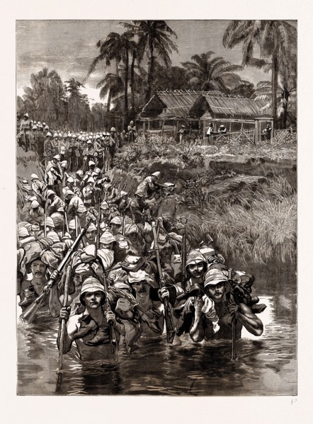 WITH THE TONGHOO FIELD FORCE, BURMA: SOMERSETSHIRE LIGHT INFANTRY CROSSING THE TWSA RIVER, 1886