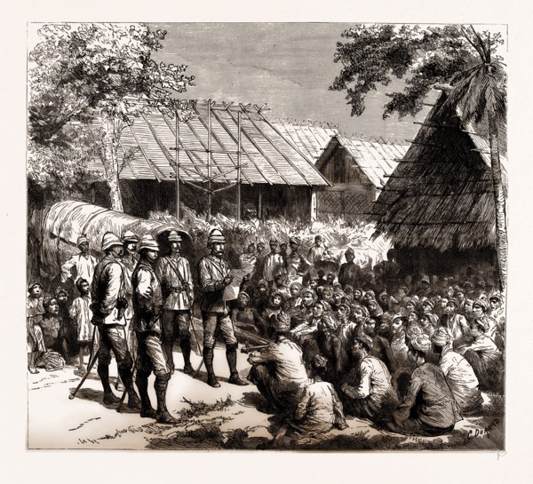 CAPTAIN EYRE, POLITICAL OFFICER, READING THE PROCLAMATION TO THE NATIVES THE DAY AFTER THE ACTION