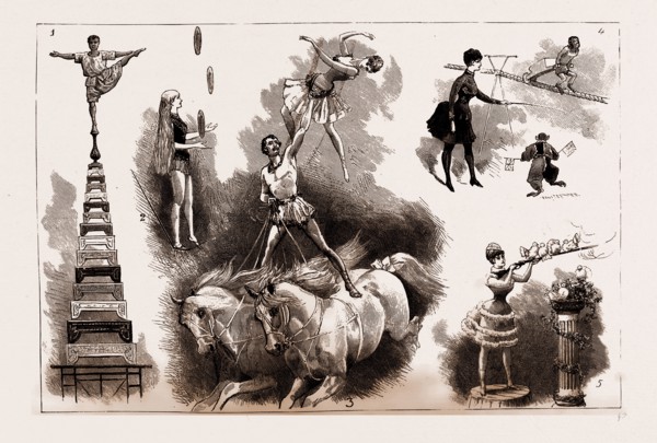 THE CIRCUS AT COVENT GARDEN THEATRE, LONDON, UK, 1886: 1. One of the Arab Acrobats 2. Performance