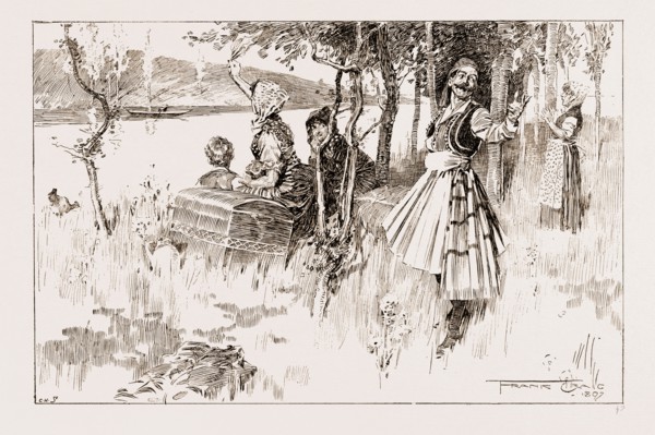AFTER THE BATTLE OF DOMOKO, 1897: THESSALIAN PEASANTS WAITING FOR A PASSING CAIQUF, AT CHALCIS