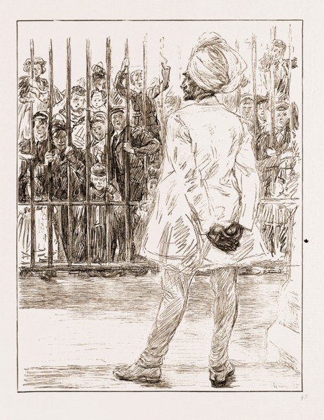 THE CYNOSURE OF ALL EYES: A SCENE AT CHELSEA BARRACKS, UK, 1897: A SIKH OF THE MALAY STATES GUIDES