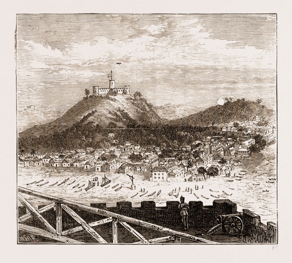 GENERAL VIEW OF ELMINA RECENTLY BOMBARDED BY THE BRITISH TROOPS, THE ASHANTEE WAR 1873.