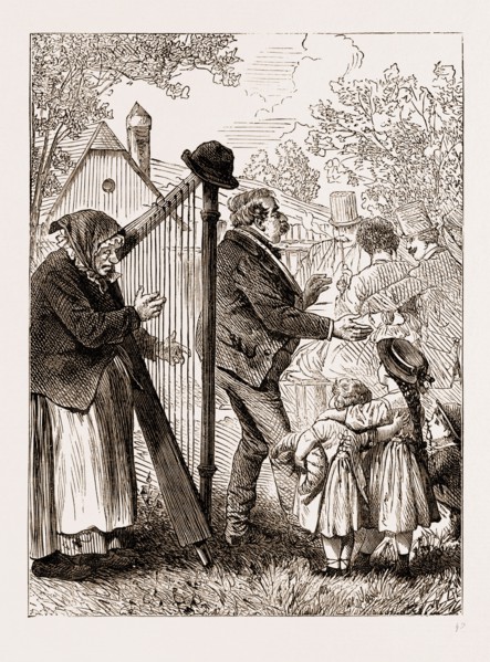 A HARPIST, Vienna engraving 1873, Austria