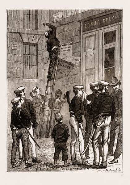 REMOVING THE NAME OF A STREET, STREET SCENE IN MADRID SPAIN 1873
