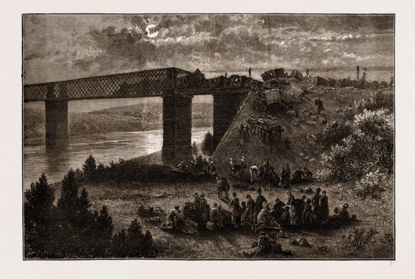 FRIDGE OF VIANA, OVER THE DOURO-SCENE OF THE LATE RAILWAY ACCIDENT, SPAIN, ENGRAVING 1873