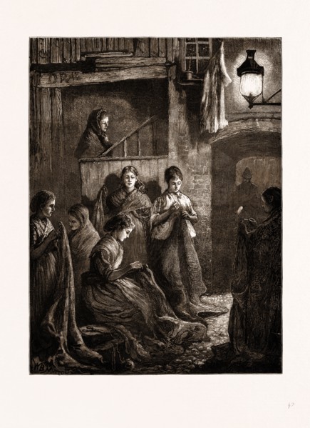 LONDON LIFE AT THE EAST END: SACK-MAKING BY THE LIGHT OF A STREET LAMP, UK, 1875