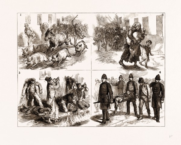 INCIDENTS AT THE GREAT FIRE IN DUBLIN, IRELAND; 1875: 1. Some of the Fugitives. 2. Rescue of the