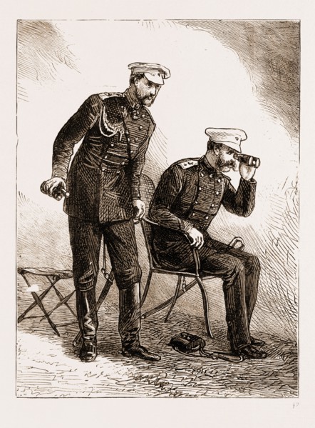 THE RUSSO-TURKISH WAR: THE CZAR ALEXANDER II. AND THE GRAND DUKE NICHOLAS WATCHING THE ATTACK ON