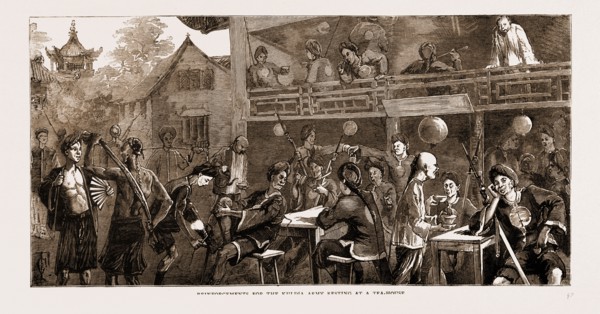 REINFORCEMENTS FOR THE KULDJA ARMY RESTING AT A TEA-HOUSE: CHINA, 1881