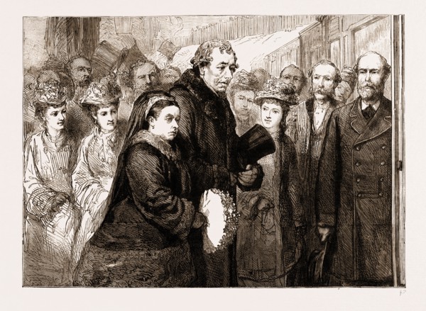 HER MAJESTY'S VISIT TO HUGHENDEN, DECEMBER, 1877, AT THE RAILWAY STATION, HIGH WYCOMBE, UK