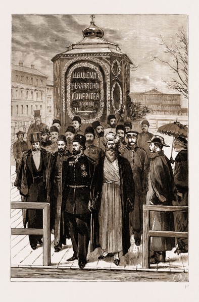 THE PERSIAN ENVOY VISITING THE SHRINE MARKING THE SPOT WHERE THE LATE CZAR ALEXANDER II. OF RUSSIA