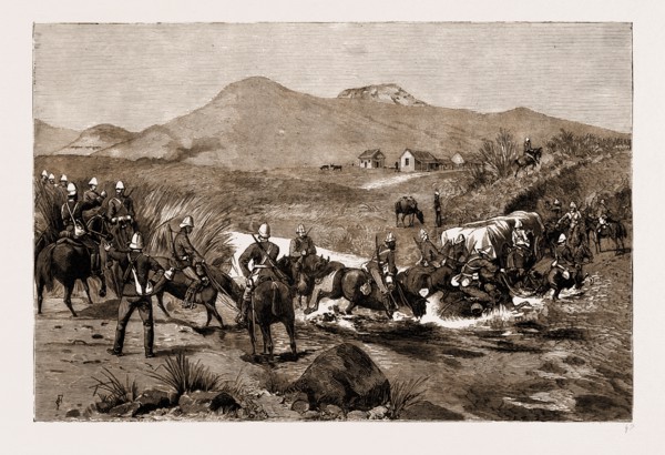 THE REVOLT IN THE TRANSVAAL, SOUTH AFRICA, 1881: MAJOR BARROW'S MOUNTED INFANTRY CROSSING THE