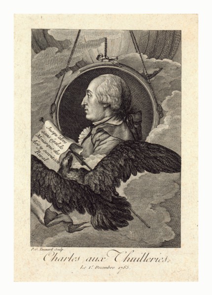 Head-and-shoulders profile portrait of French balloonist J.A.C. Charles, who made the first flight