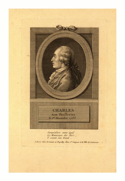 Head-and-shoulders profile portrait of French balloonist J.A.C. Charles, who made the first flight