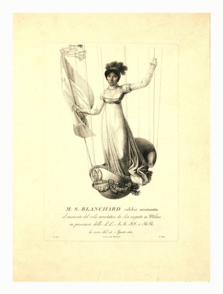 M.S. Blanchard,  (Madeleine Sophie Armand) French aeronaut, 19th century engraving