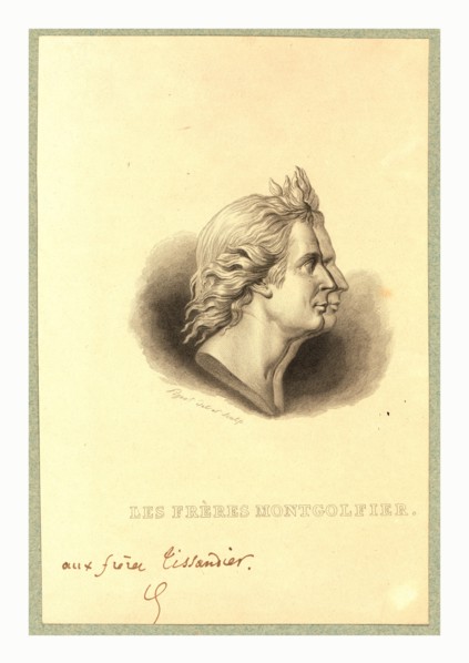 Bust-length double profile portrait of the Montgolfier brothers, French ballonists. After the gold