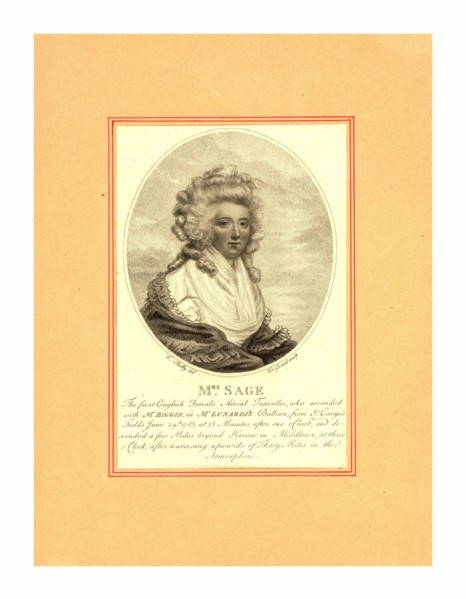 Mrs. Sage, the first English female aerial traveller, who ascended with Mr. Biggin in Mr. Lunardi's
