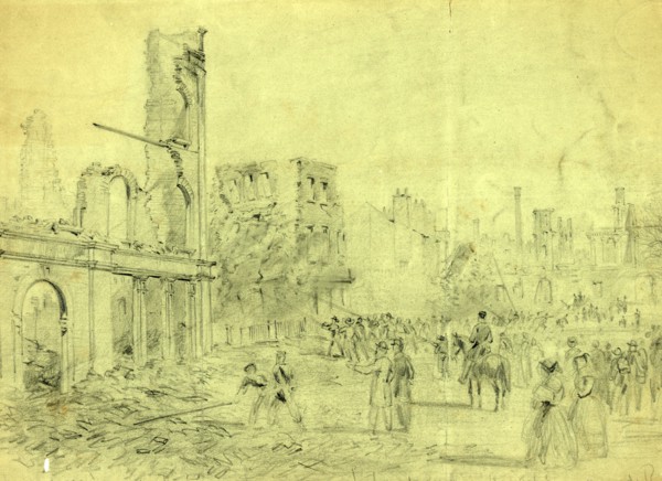 Richmond Firemen pushing down the remains of the burnt dwellings Capital Square, 1865 ca. April,