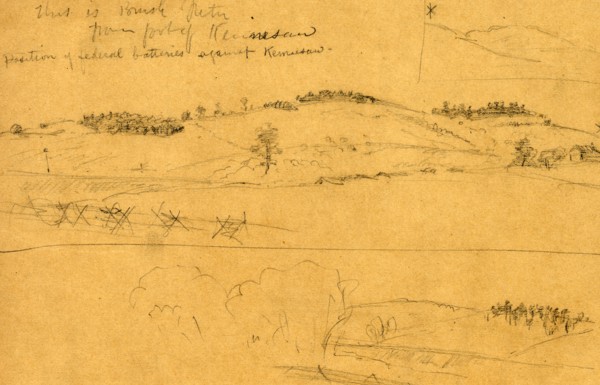 This is Brush Mountain from foot of Kennesaw. Position of federal batteries against Kennesaw, 1864