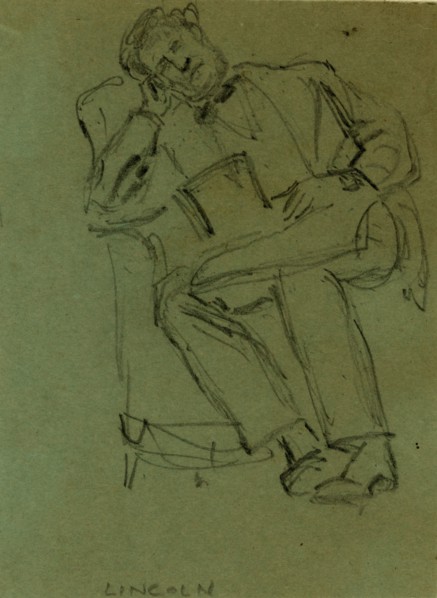 Lincoln resting in chair, top hat in lap, 1862-1865, by Alfred R Waud, 1828-1891, an american