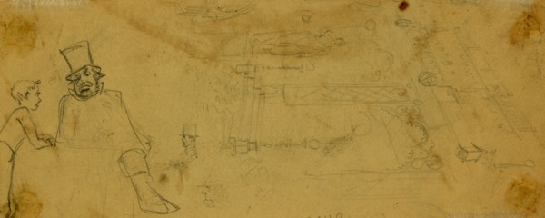 Facade of a building; little boy with two men in top hats, between 1860 and 1865, drawing on cream