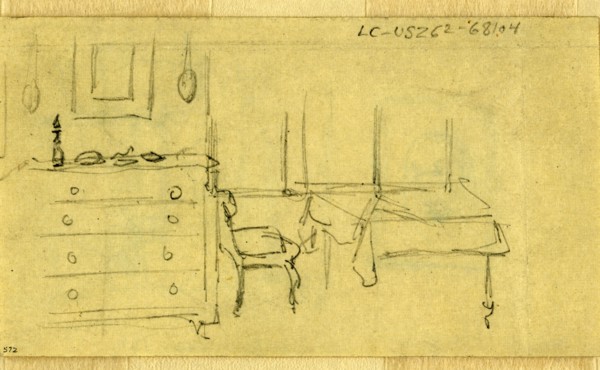 Bedroom, Abraham Lincoln home in Springfield, Illinois, 1865 May, drawing on cream paper pencil, 6