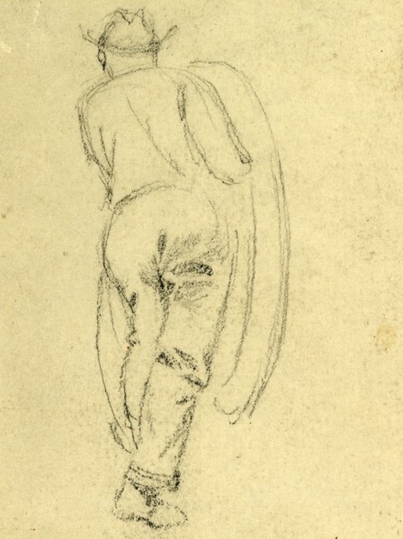 Full length rear view of man, between 1860 and 1865, drawing on white paper pencil, 9.2 x 6.6 cm.
